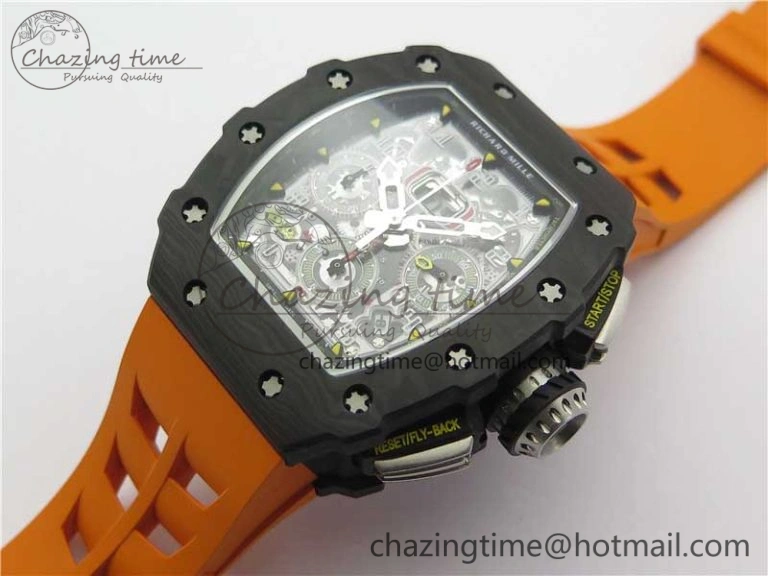 RM011 Carbon Case Chrono KVF 1:1 Best Edition Crystal Skeleton Yellow Dial on Orange Racing Rubber Strap A7750 V2