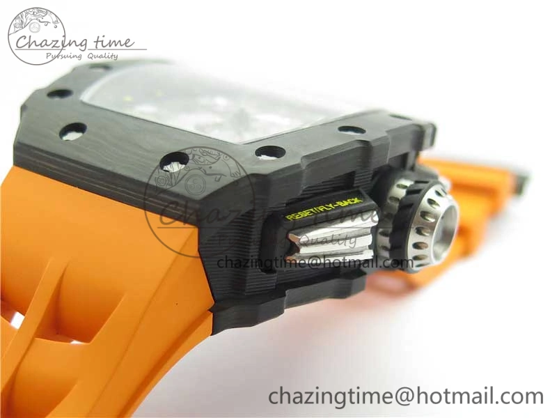 RM011 Carbon Case Chrono KVF 1:1 Best Edition Crystal Skeleton Yellow Dial on Orange Racing Rubber Strap A7750 V2