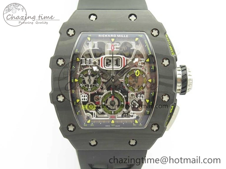 RM011 Carbon Case Chrono KVF 1:1 Best Edition Crystal Skeleton Yellow Dial on Racing Rubber Strap A7750