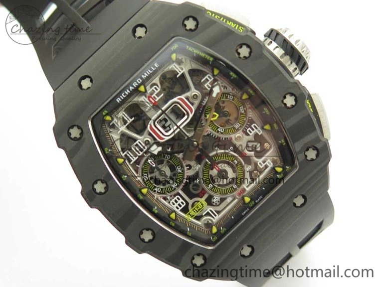 RM011 Carbon Case Chrono KVF 1:1 Best Edition Crystal Skeleton Yellow Dial on Racing Rubber Strap A7750