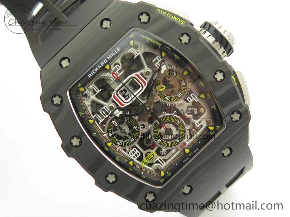 RM011 Carbon Case Chrono KVF 1:1 Best Edition Crystal Skeleton Yellow Dial on Racing Rubber Strap A7750