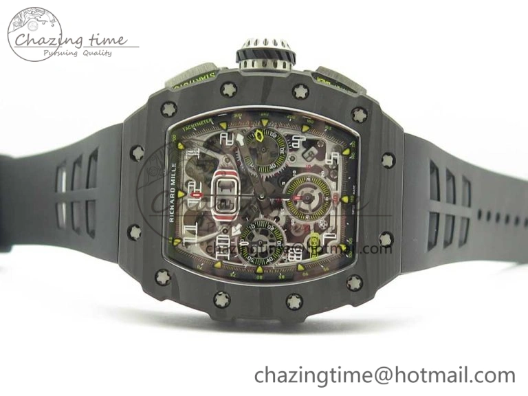 RM011 Carbon Case Chrono KVF 1:1 Best Edition Crystal Skeleton Yellow Dial on Racing Rubber Strap A7750
