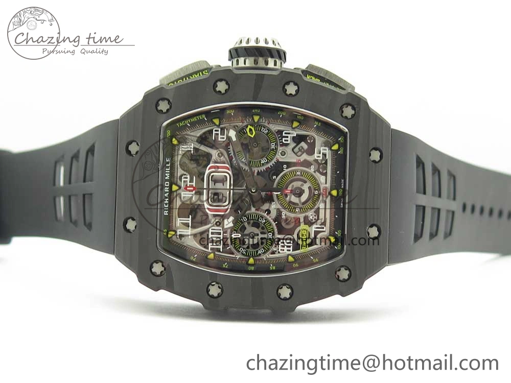 RM011 Carbon Case Chrono KVF 1:1 Best Edition Crystal Skeleton Yellow Dial on Racing Rubber Strap A7750