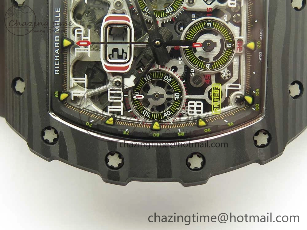RM011 Carbon Case Chrono KVF 1:1 Best Edition Crystal Skeleton Yellow Dial on Racing Rubber Strap A7750