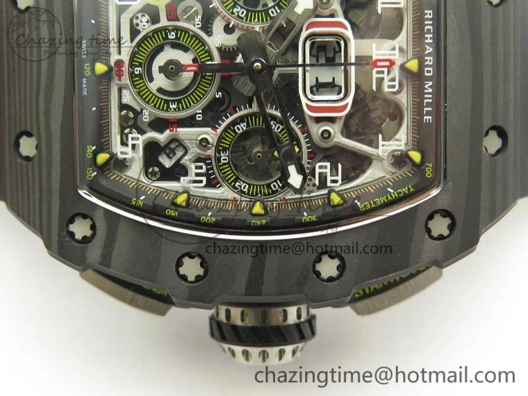 RM011 Carbon Case Chrono KVF 1:1 Best Edition Crystal Skeleton Yellow Dial on Racing Rubber Strap A7750