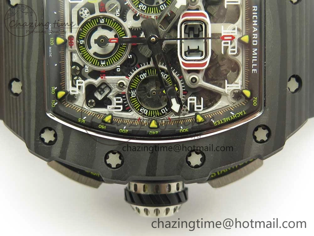 RM011 Carbon Case Chrono KVF 1:1 Best Edition Crystal Skeleton Yellow Dial on Racing Rubber Strap A7750