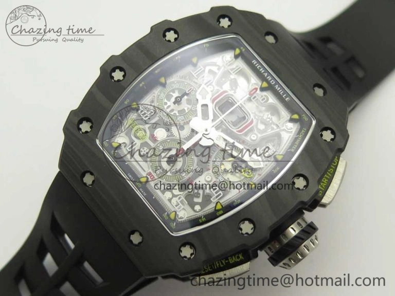 RM011 Carbon Case Chrono KVF 1:1 Best Edition Crystal Skeleton Yellow Dial on Racing Rubber Strap A7750