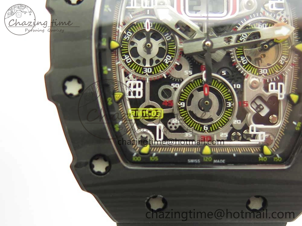 RM011 Carbon Case Chrono KVF 1:1 Best Edition Crystal Skeleton Yellow Dial on Racing Rubber Strap A7750