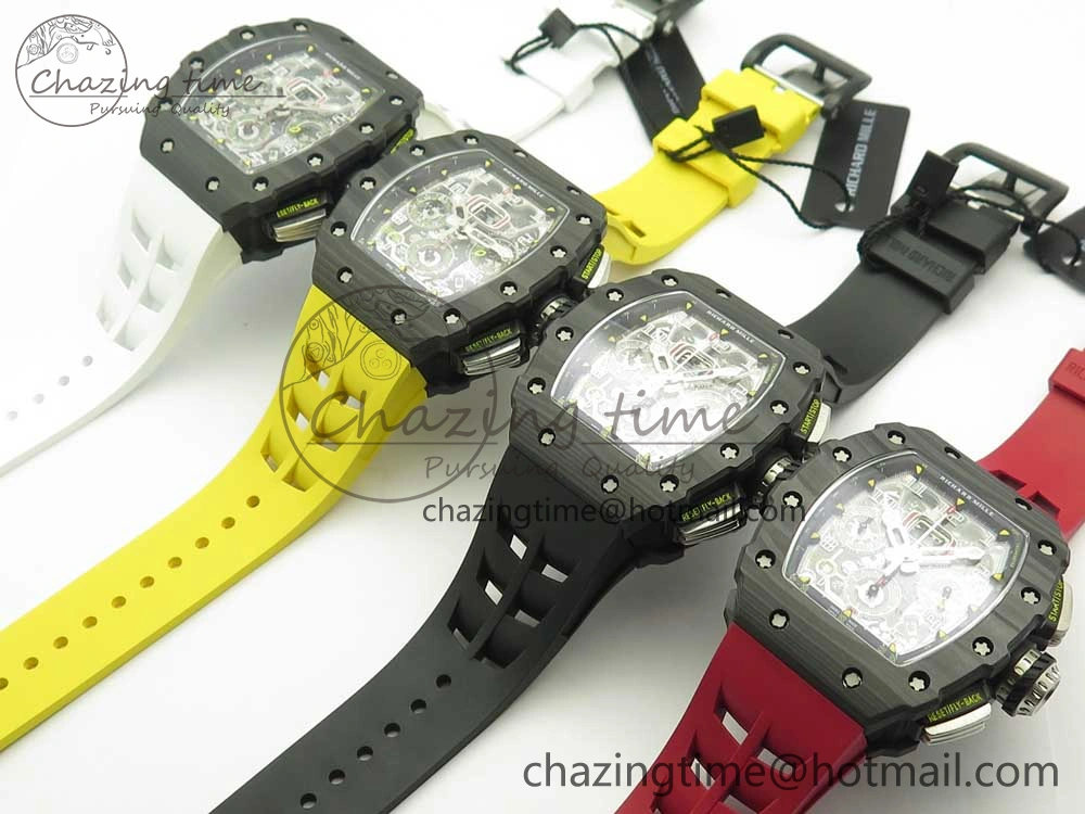 RM011 Carbon Case Chrono KVF 1:1 Best Edition Crystal Skeleton Yellow Dial on Racing Rubber Strap A7750