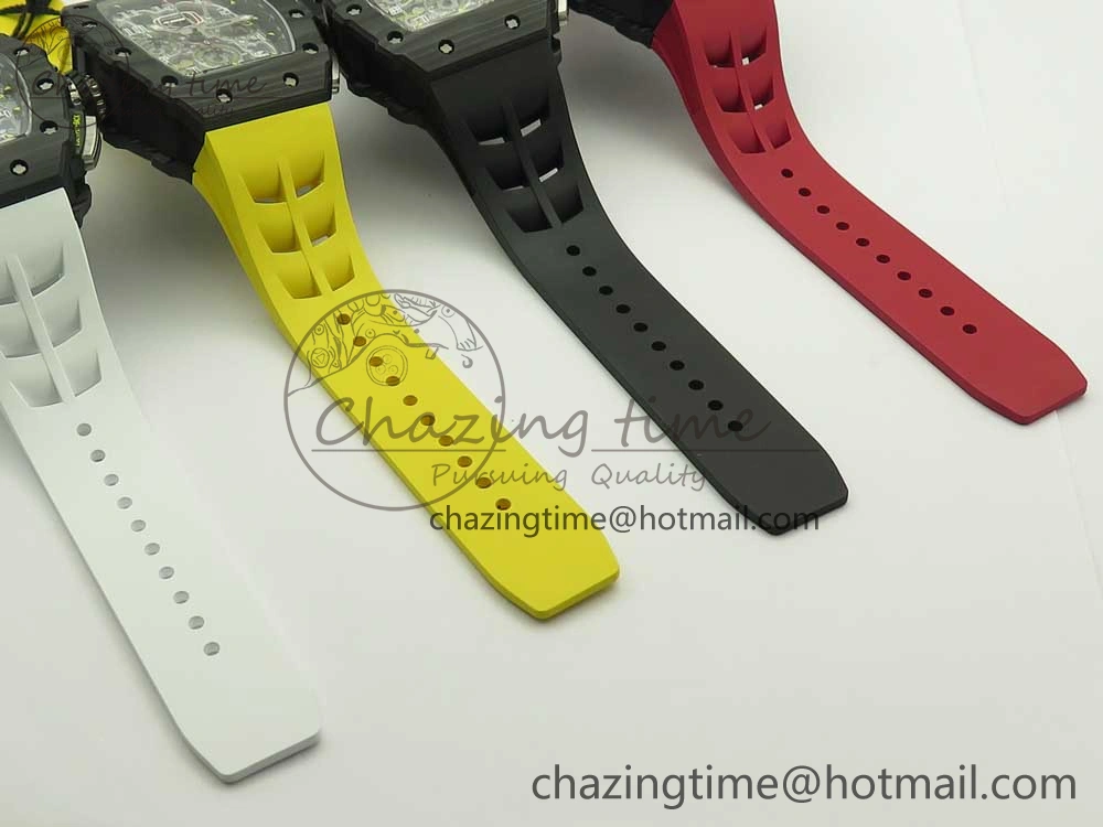 RM011 Carbon Case Chrono KVF 1:1 Best Edition Crystal Skeleton Yellow Dial on Racing Rubber Strap A7750