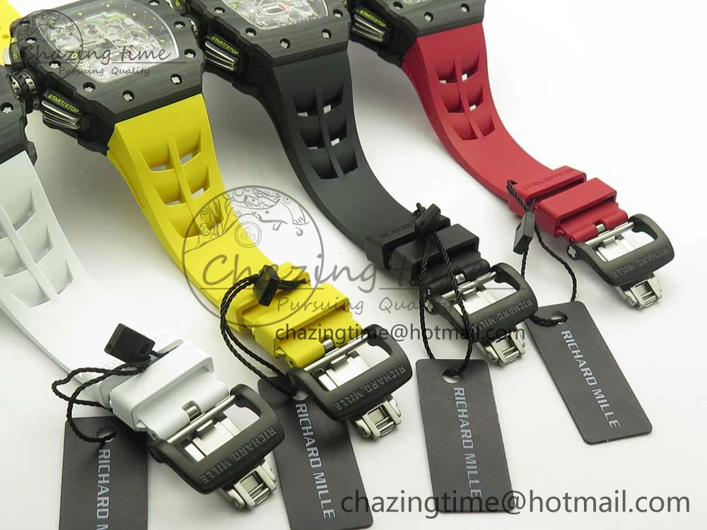 RM011 Carbon Case Chrono KVF 1:1 Best Edition Crystal Skeleton Yellow Dial on Racing Rubber Strap A7750
