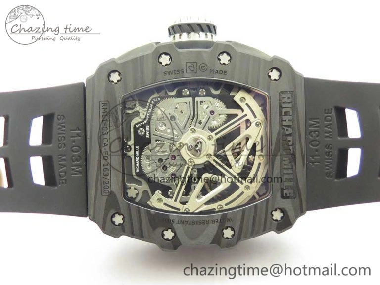 RM011 Carbon Case Chrono KVF 1:1 Best Edition Crystal Skeleton Yellow Dial on Racing Rubber Strap A7750
