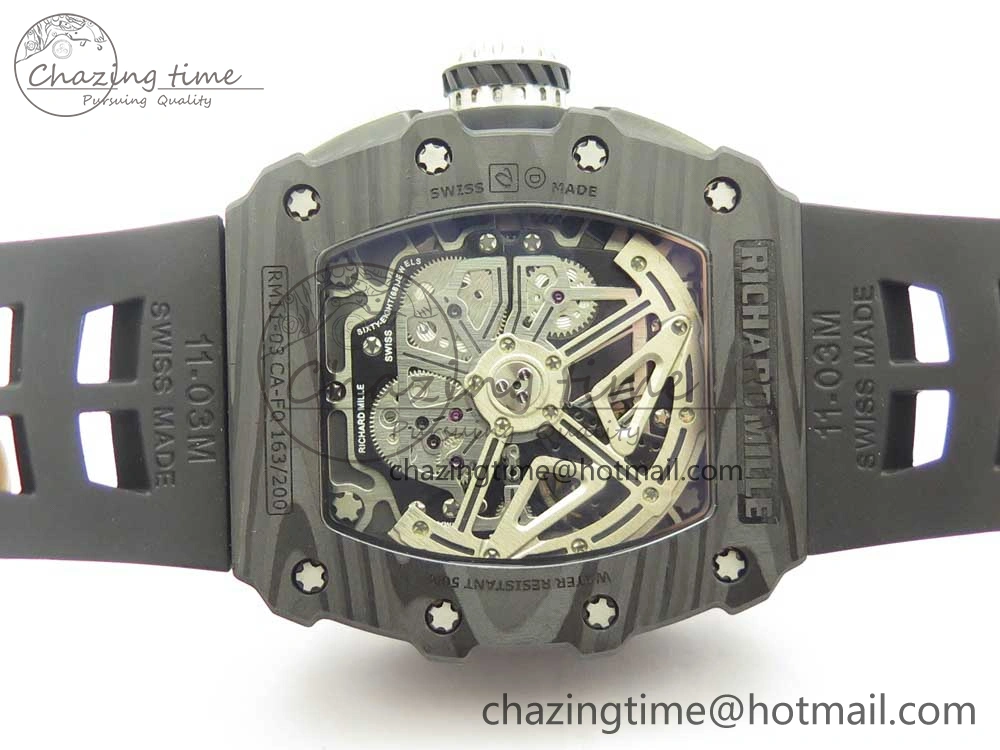 RM011 Carbon Case Chrono KVF 1:1 Best Edition Crystal Skeleton Yellow Dial on Racing Rubber Strap A7750