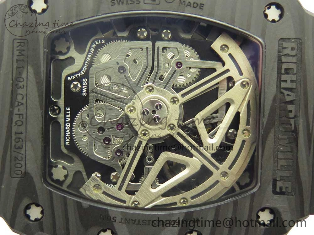 RM011 Carbon Case Chrono KVF 1:1 Best Edition Crystal Skeleton Yellow Dial on Racing Rubber Strap A7750