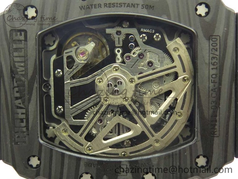 RM011 Carbon Case Chrono KVF 1:1 Best Edition Crystal Skeleton Yellow Dial on Racing Rubber Strap A7750