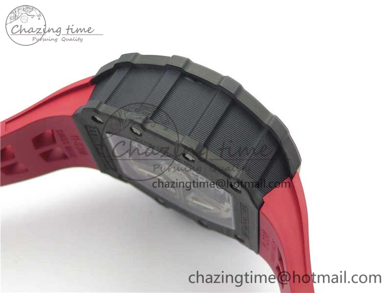 RM011 Carbon Case Chrono KVF 1:1 Best Edition Crystal Skeleton Yellow Dial on Red Racing Rubber Strap A7750 V2