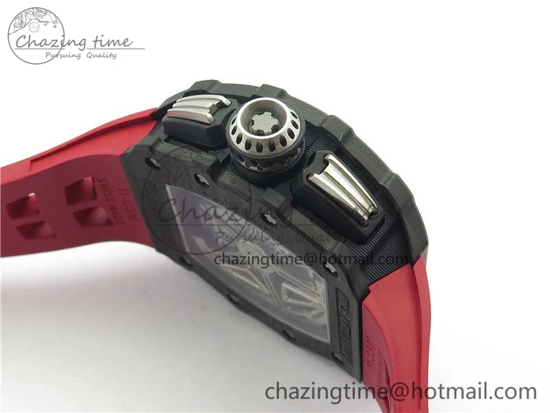 RM011 Carbon Case Chrono KVF 1:1 Best Edition Crystal Skeleton Yellow Dial on Red Racing Rubber Strap A7750 V2
