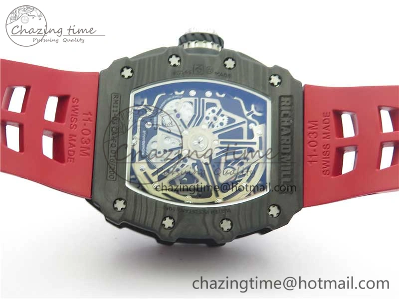 RM011 Carbon Case Chrono KVF 1:1 Best Edition Crystal Skeleton Yellow Dial on Red Racing Rubber Strap A7750 V2
