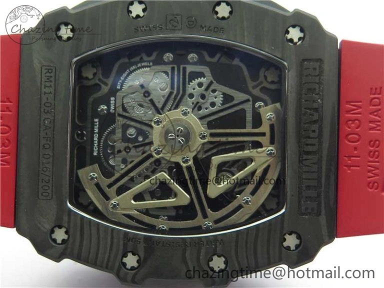 RM011 Carbon Case Chrono KVF 1:1 Best Edition Crystal Skeleton Yellow Dial on Red Racing Rubber Strap A7750 V2