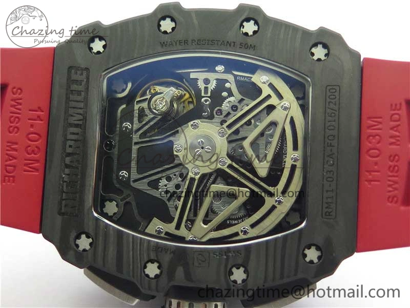 RM011 Carbon Case Chrono KVF 1:1 Best Edition Crystal Skeleton Yellow Dial on Red Racing Rubber Strap A7750 V2