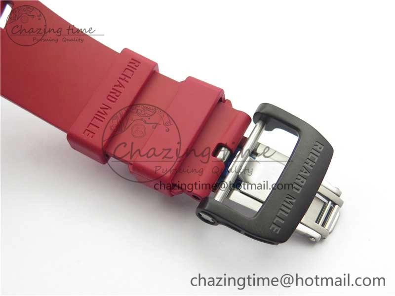 RM011 Carbon Case Chrono KVF 1:1 Best Edition Crystal Skeleton Yellow Dial on Red Racing Rubber Strap A7750 V2
