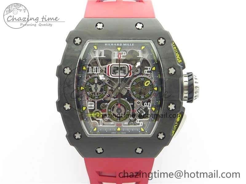 RM011 Carbon Case Chrono KVF 1:1 Best Edition Crystal Skeleton Yellow Dial on Red Racing Rubber Strap A7750 V2