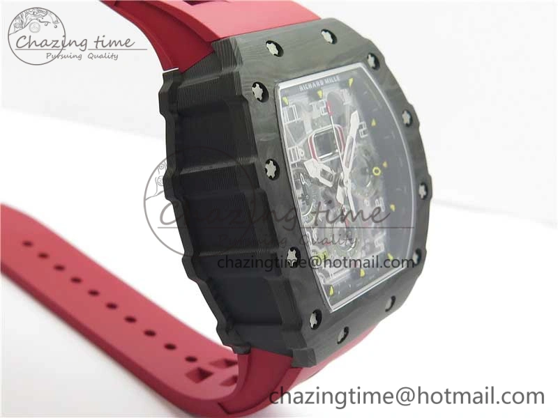 RM011 Carbon Case Chrono KVF 1:1 Best Edition Crystal Skeleton Yellow Dial on Red Racing Rubber Strap A7750 V2