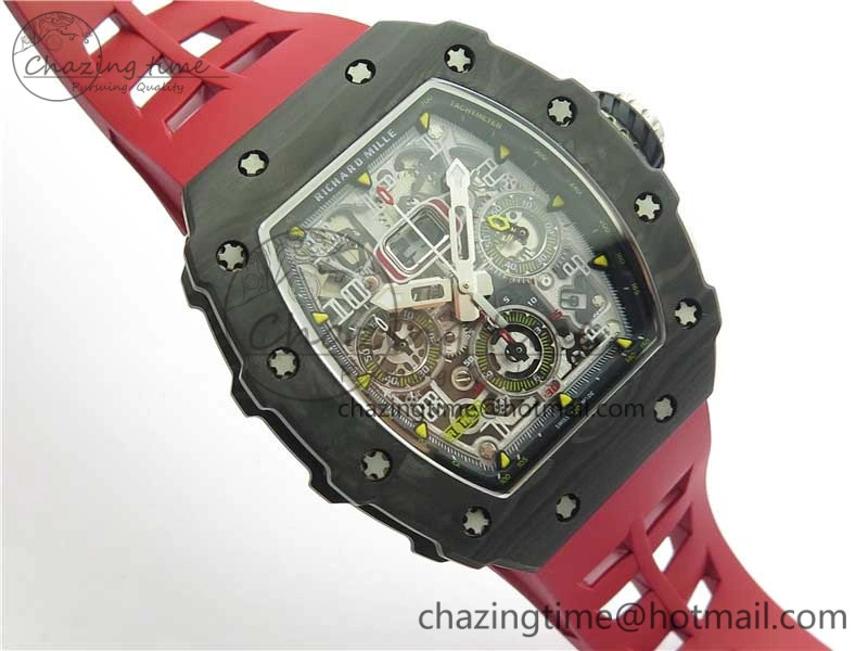 RM011 Carbon Case Chrono KVF 1:1 Best Edition Crystal Skeleton Yellow Dial on Red Racing Rubber Strap A7750 V2