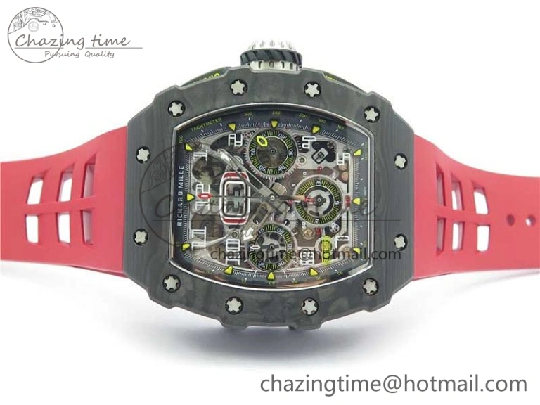 RM011 Carbon Case Chrono KVF 1:1 Best Edition Crystal Skeleton Yellow Dial on Red Racing Rubber Strap A7750 V2