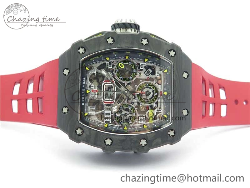 RM011 Carbon Case Chrono KVF 1:1 Best Edition Crystal Skeleton Yellow Dial on Red Racing Rubber Strap A7750 V2