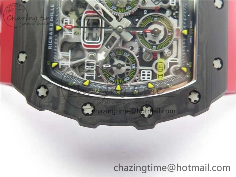 RM011 Carbon Case Chrono KVF 1:1 Best Edition Crystal Skeleton Yellow Dial on Red Racing Rubber Strap A7750 V2