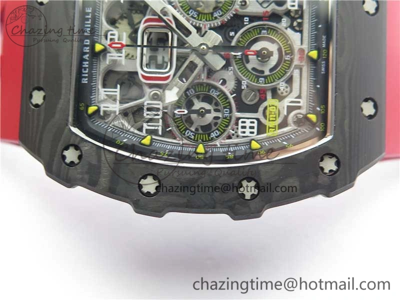 RM011 Carbon Case Chrono KVF 1:1 Best Edition Crystal Skeleton Yellow Dial on Red Racing Rubber Strap A7750 V2