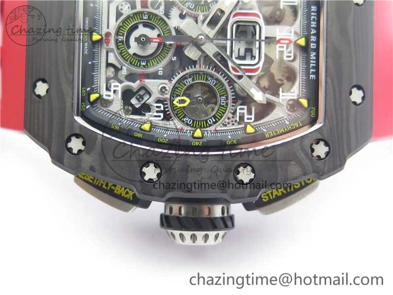 RM011 Carbon Case Chrono KVF 1:1 Best Edition Crystal Skeleton Yellow Dial on Red Racing Rubber Strap A7750 V2