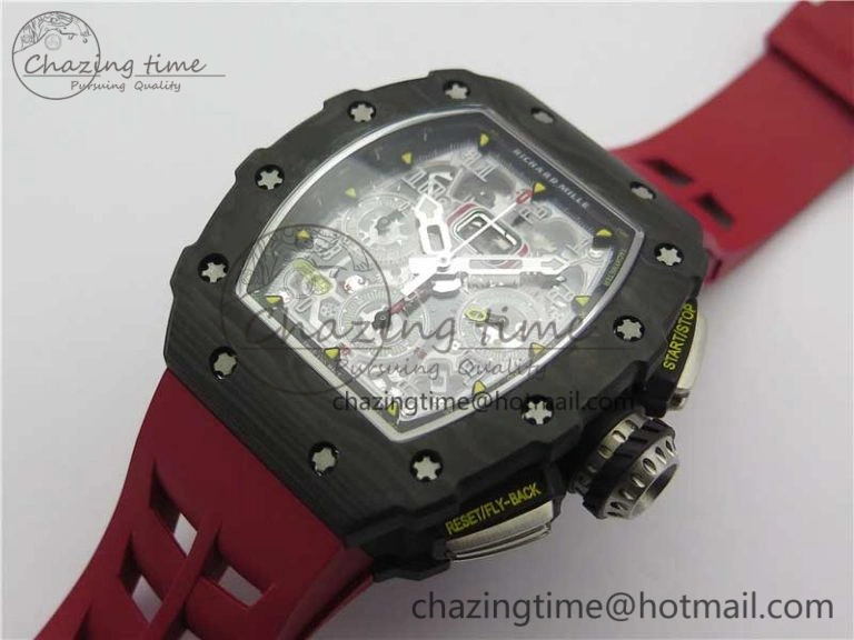 RM011 Carbon Case Chrono KVF 1:1 Best Edition Crystal Skeleton Yellow Dial on Red Racing Rubber Strap A7750 V2