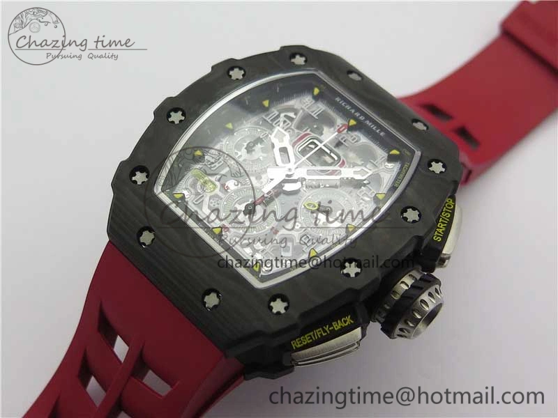 RM011 Carbon Case Chrono KVF 1:1 Best Edition Crystal Skeleton Yellow Dial on Red Racing Rubber Strap A7750 V2