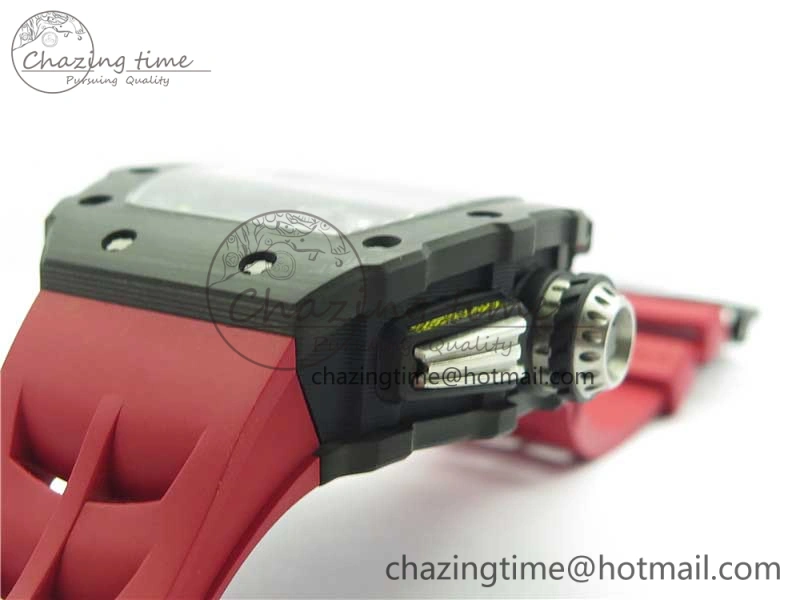 RM011 Carbon Case Chrono KVF 1:1 Best Edition Crystal Skeleton Yellow Dial on Red Racing Rubber Strap A7750 V2