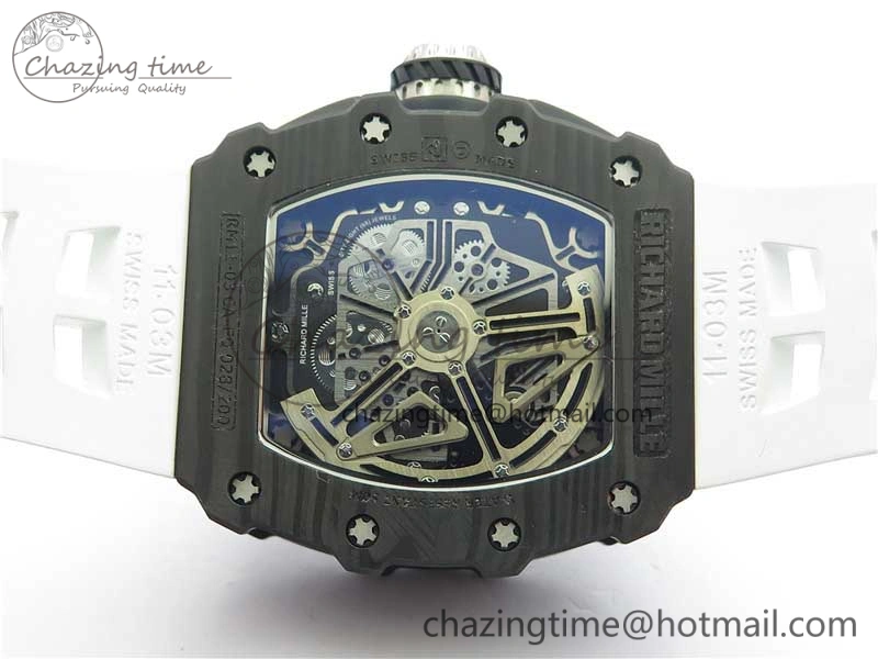RM011 Carbon Case Chrono KVF 1:1 Best Edition Crystal Skeleton Yellow Dial on White Racing Rubber Strap A7750