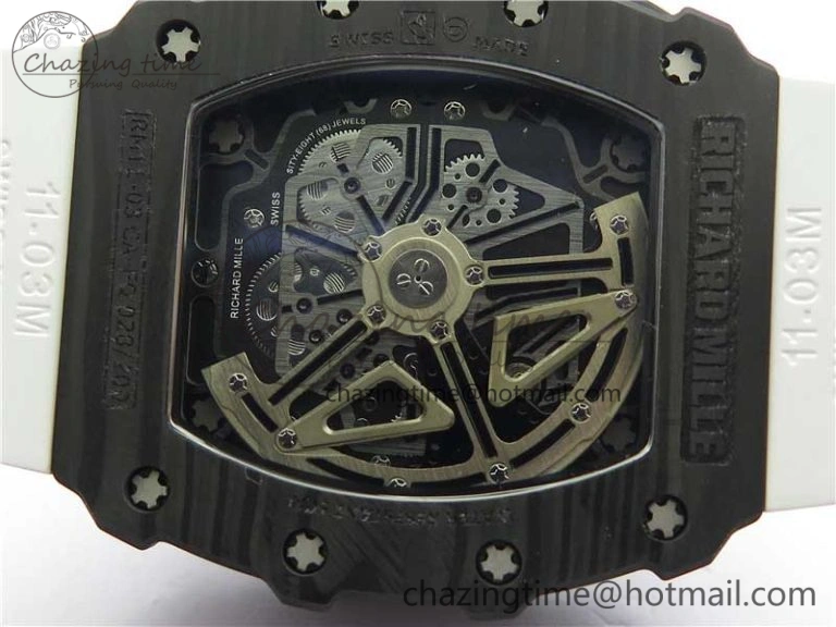 RM011 Carbon Case Chrono KVF 1:1 Best Edition Crystal Skeleton Yellow Dial on White Racing Rubber Strap A7750
