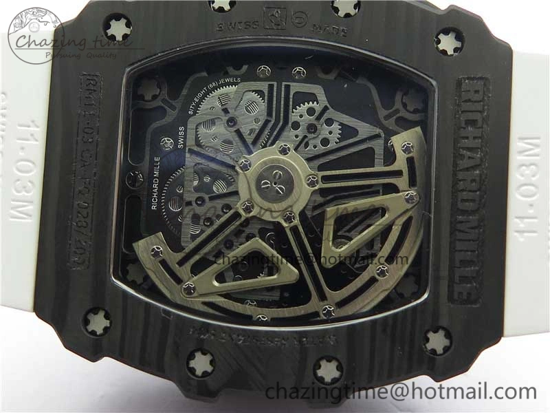 RM011 Carbon Case Chrono KVF 1:1 Best Edition Crystal Skeleton Yellow Dial on White Racing Rubber Strap A7750