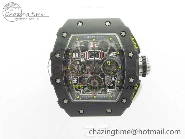 RM011 Carbon Case Chrono KVF 1:1 Best Edition Crystal Skeleton Yellow Dial on White Racing Rubber Strap A7750