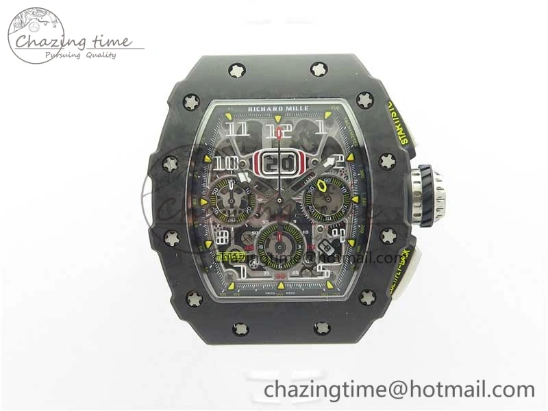 RM011 Carbon Case Chrono KVF 1:1 Best Edition Crystal Skeleton Yellow Dial on White Racing Rubber Strap A7750