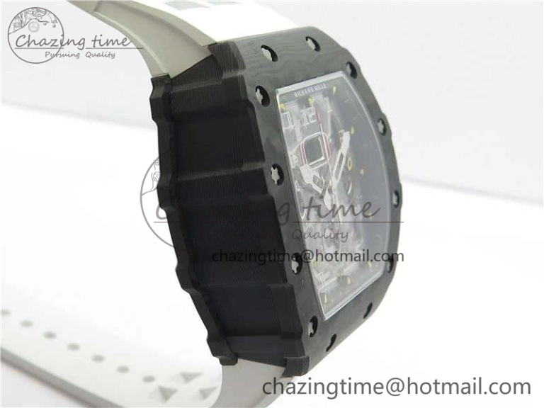RM011 Carbon Case Chrono KVF 1:1 Best Edition Crystal Skeleton Yellow Dial on White Racing Rubber Strap A7750
