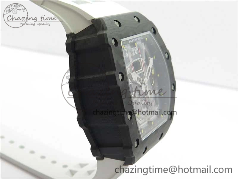 RM011 Carbon Case Chrono KVF 1:1 Best Edition Crystal Skeleton Yellow Dial on White Racing Rubber Strap A7750