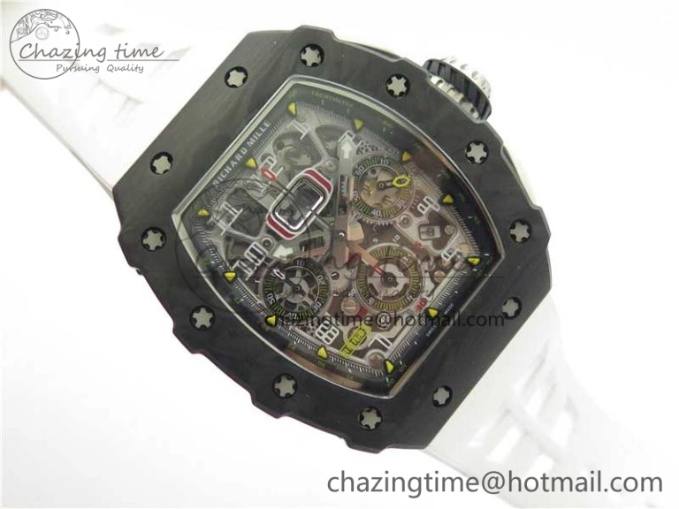 RM011 Carbon Case Chrono KVF 1:1 Best Edition Crystal Skeleton Yellow Dial on White Racing Rubber Strap A7750