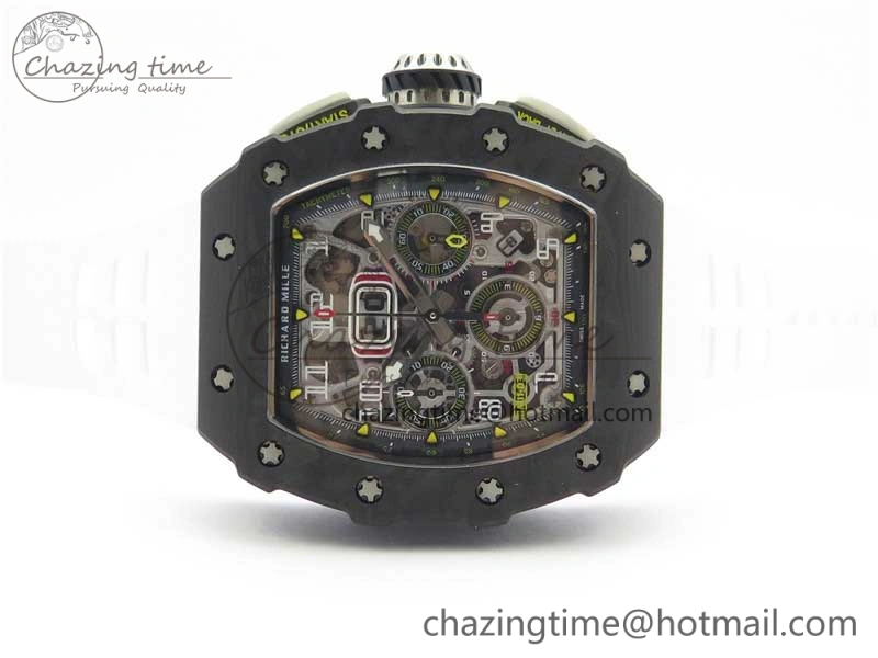 RM011 Carbon Case Chrono KVF 1:1 Best Edition Crystal Skeleton Yellow Dial on White Racing Rubber Strap A7750