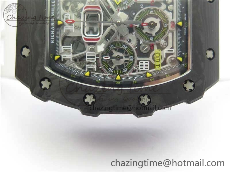 RM011 Carbon Case Chrono KVF 1:1 Best Edition Crystal Skeleton Yellow Dial on White Racing Rubber Strap A7750