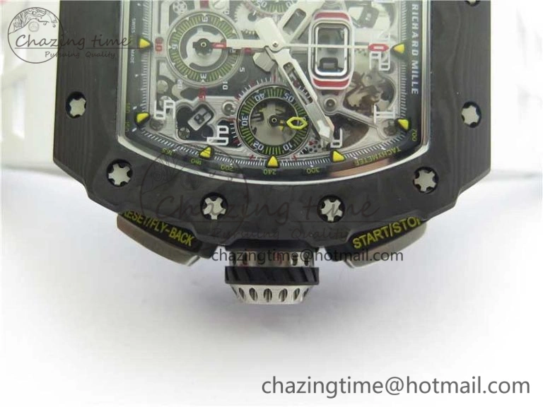RM011 Carbon Case Chrono KVF 1:1 Best Edition Crystal Skeleton Yellow Dial on White Racing Rubber Strap A7750