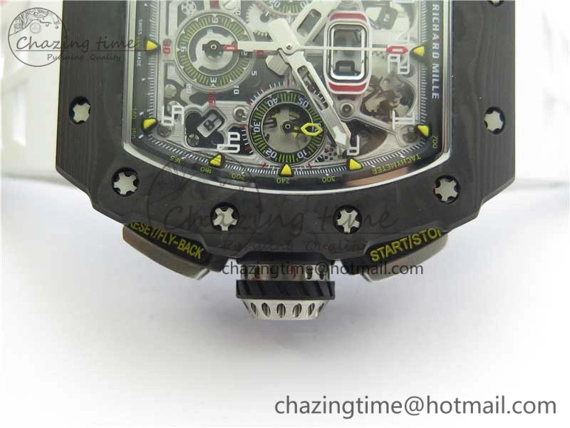 RM011 Carbon Case Chrono KVF 1:1 Best Edition Crystal Skeleton Yellow Dial on White Racing Rubber Strap A7750