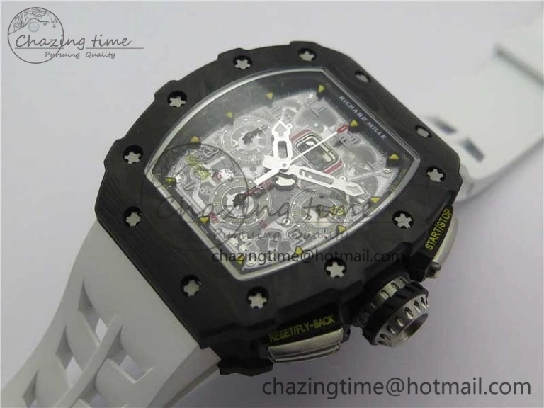 RM011 Carbon Case Chrono KVF 1:1 Best Edition Crystal Skeleton Yellow Dial on White Racing Rubber Strap A7750