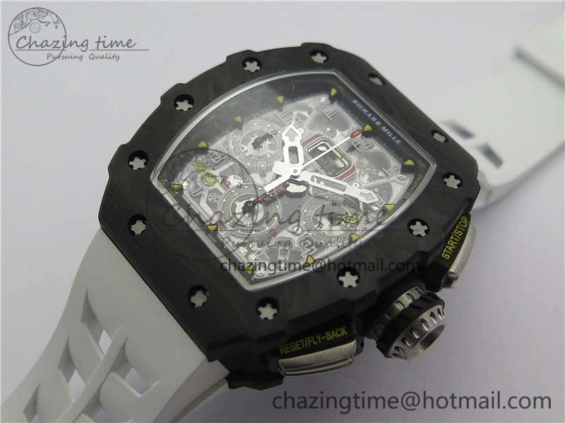 RM011 Carbon Case Chrono KVF 1:1 Best Edition Crystal Skeleton Yellow Dial on White Racing Rubber Strap A7750